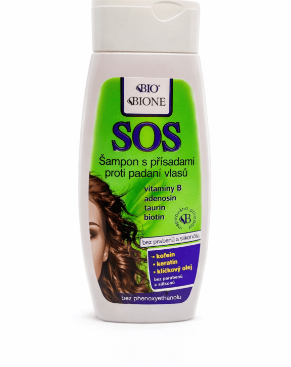 SOS šampón na vypadávanie vlasov pre ženy od značky Bione. Produkt má objem o veľkosti 260 ml.